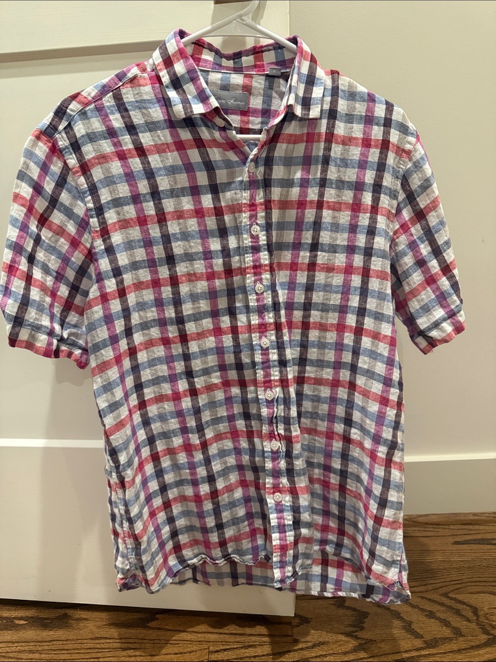 Men's Short-Sleeve Linen Plaid Button-Down Shirt - Pink Red & Blue